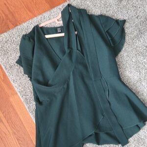 SHEIN Dark Green Wrap Tie V-Neck Blouse